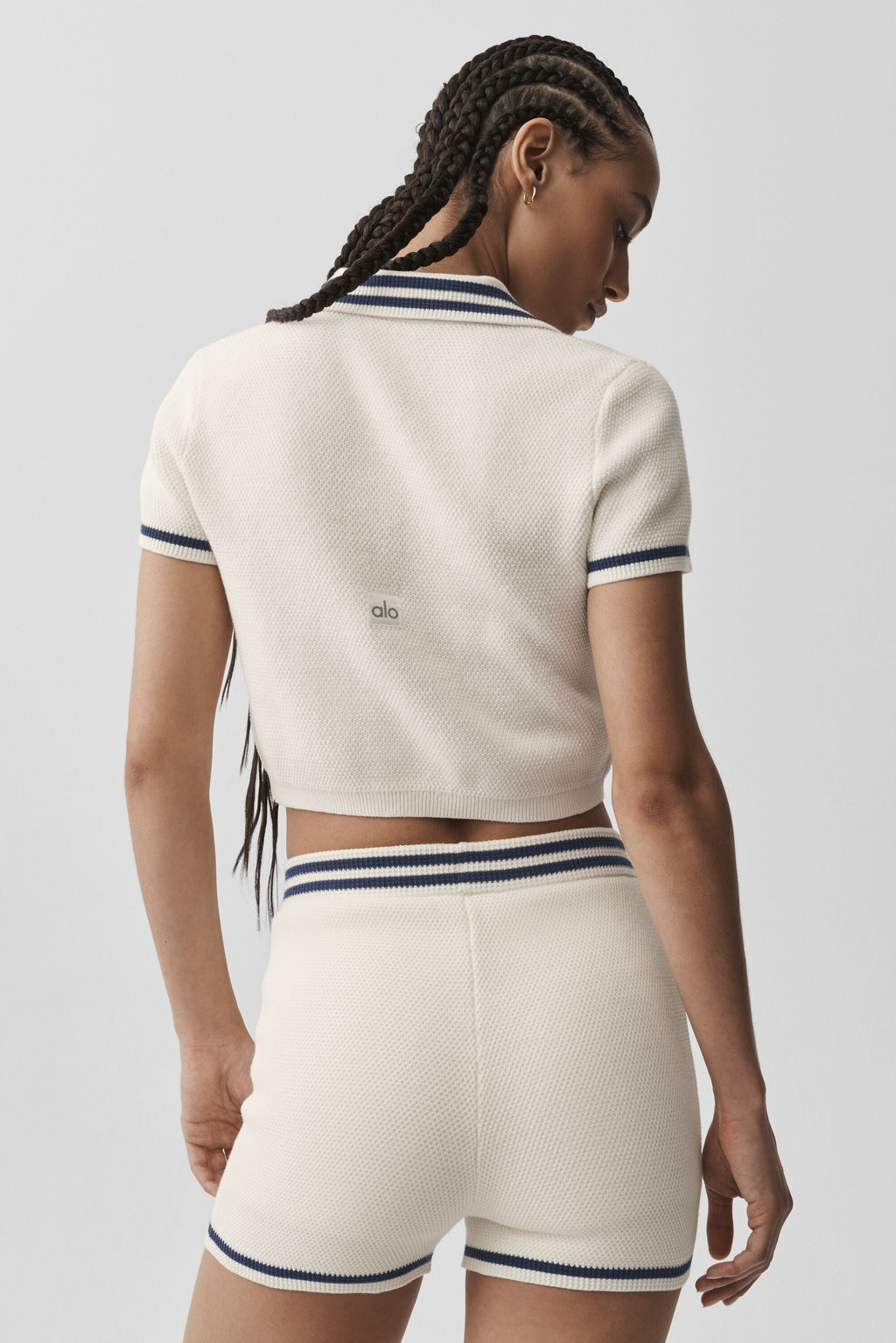 Women's Cropped Sweater Knit Polo Top - Tennis & Yoga Athleisure Short Sleeve in Ivory/Navy