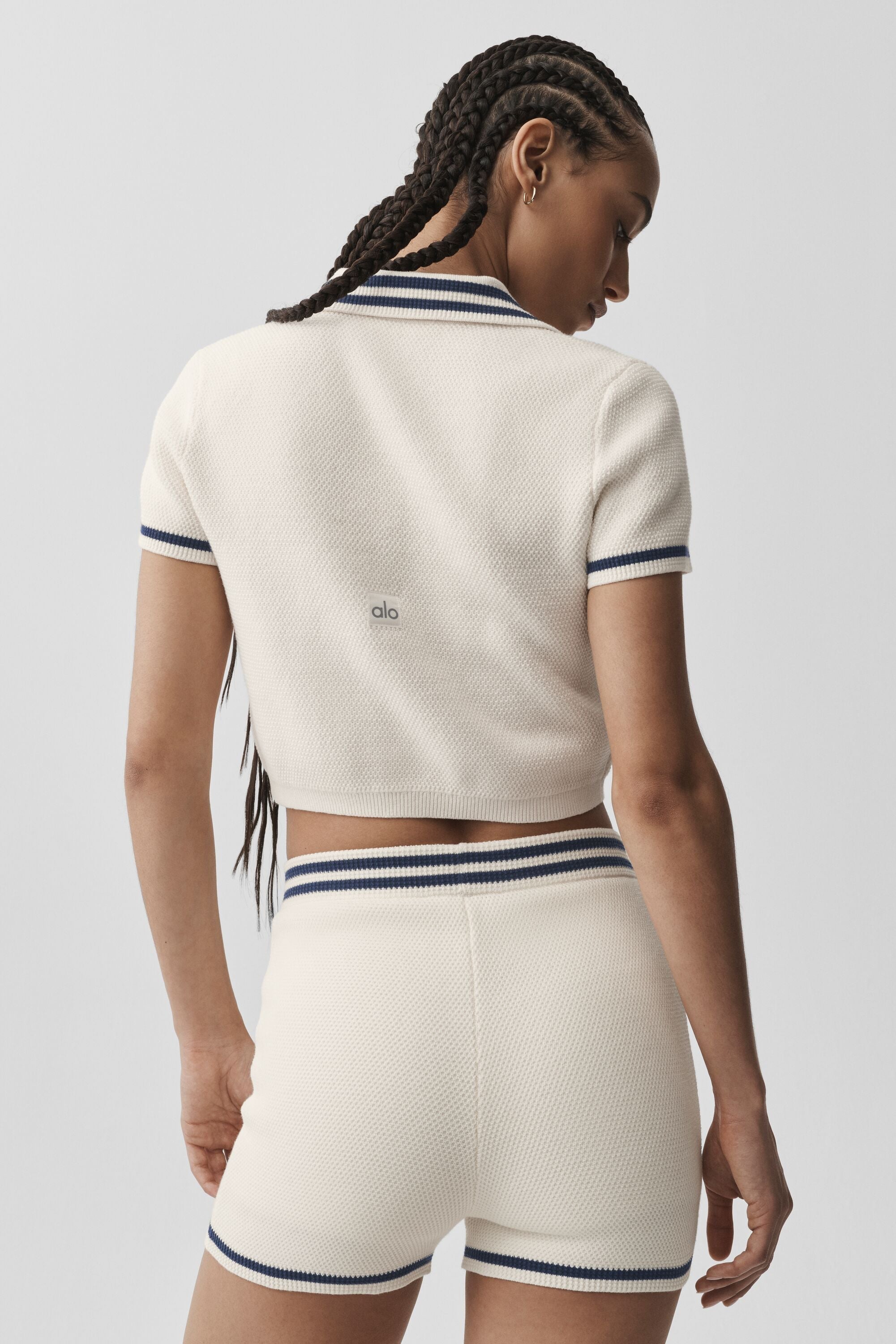 Women's Cropped Sweater Knit Polo Top - Tennis & Yoga Athleisure Short Sleeve in Ivory/Navy