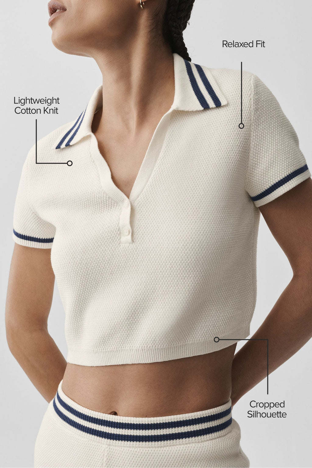 Women's Cropped Sweater Knit Polo Top - Tennis & Yoga Athleisure Short Sleeve in Ivory/Navy
