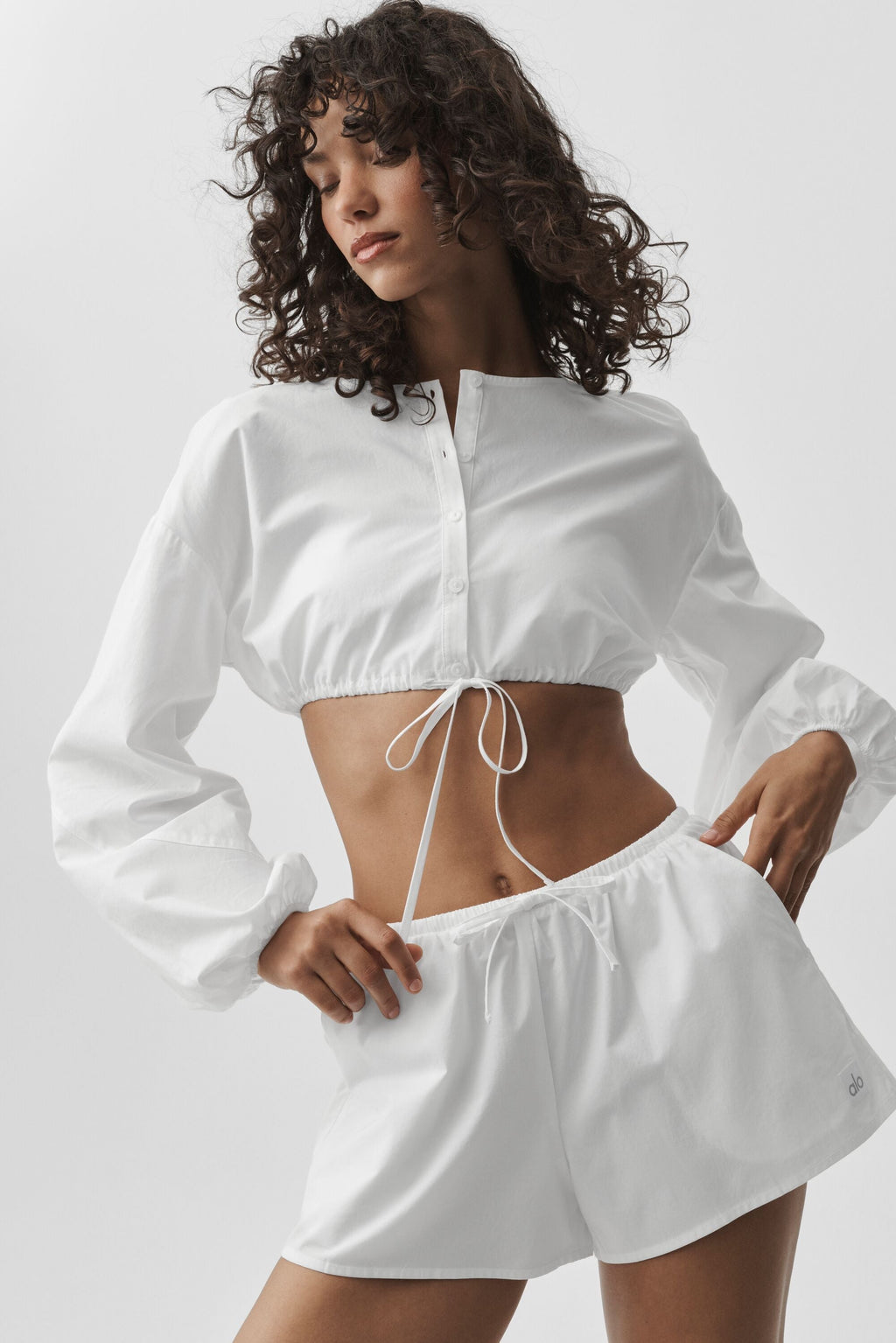 Women's Cotton Cropped Long Sleeve Yoga Top - Soft Breathable Crop Sweatshirt in White