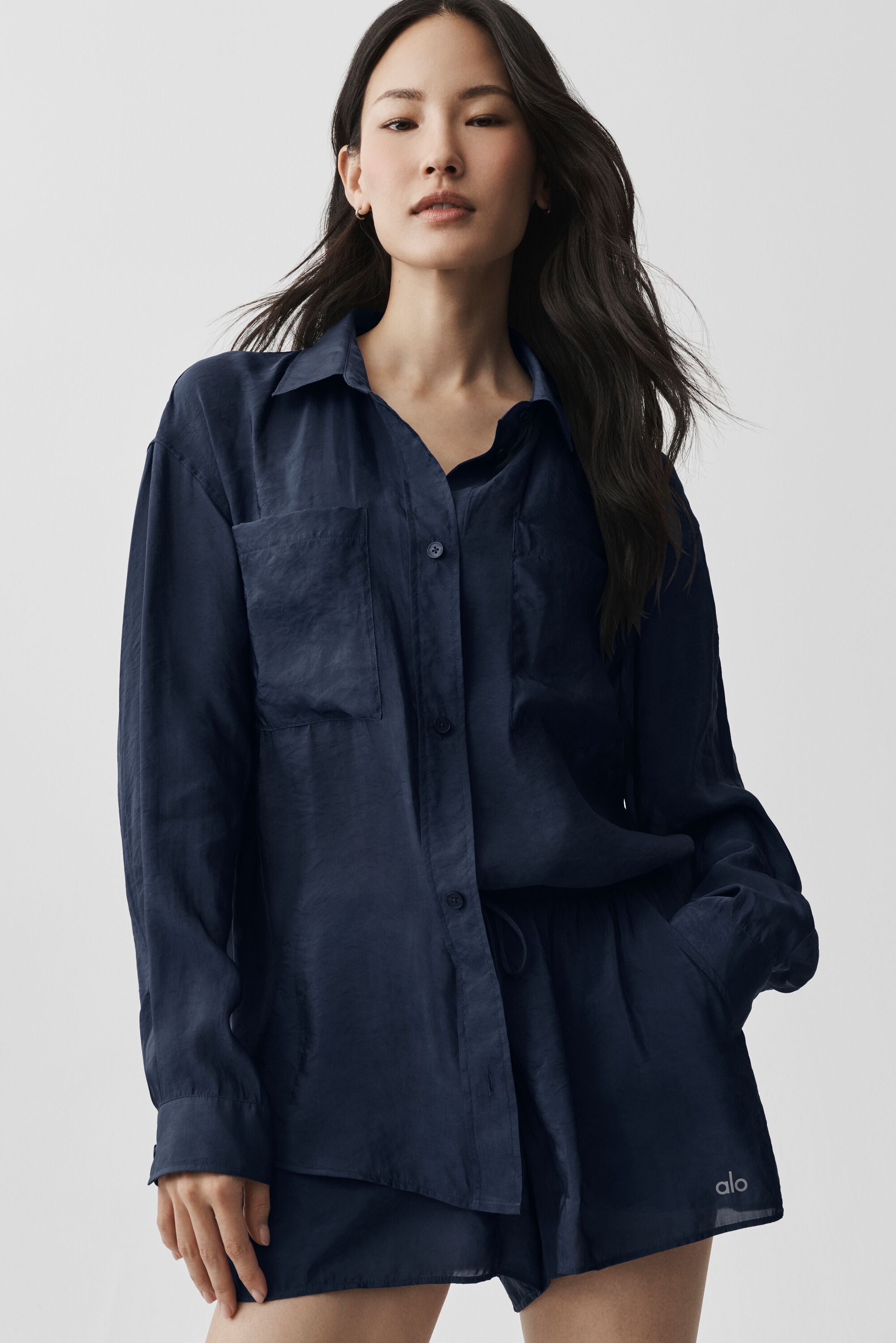 Women's Semi-Sheer Button Down Long Sleeve Yoga Cover-Up - Flowy Lightweight Top in Navy