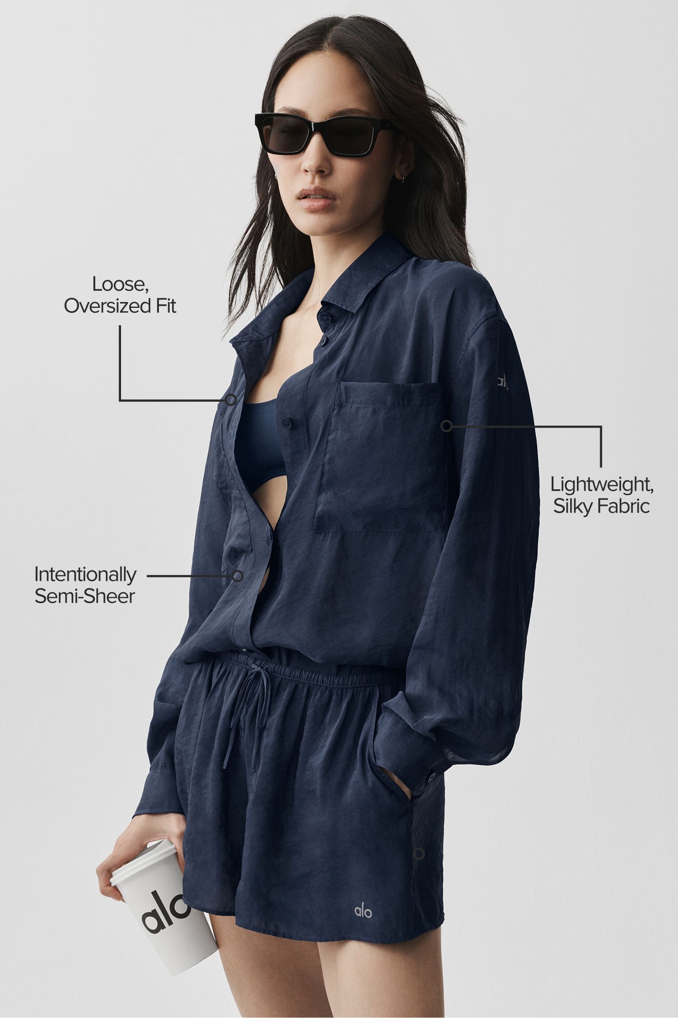 Women's Semi-Sheer Button Down Long Sleeve Yoga Cover-Up - Flowy Lightweight Top in Navy