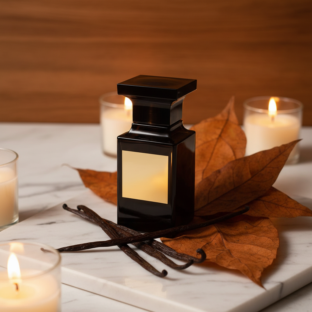 Dark luxury perfume bottle on marble surface warm candlelight tobacco vanilla mood editorial