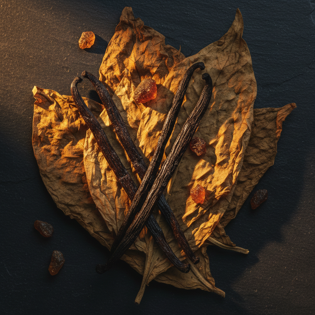 Rich vanilla pods and golden tobacco leaves warm amber light luxury fragrance ingredient flat lay